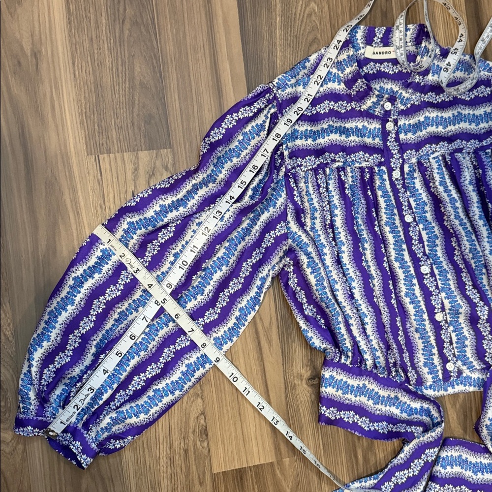 Sandro Silk Floral Stripe Purple Blue Balloon Sleeve Button Tie Cropped Blouse S - Picture 15 of 17